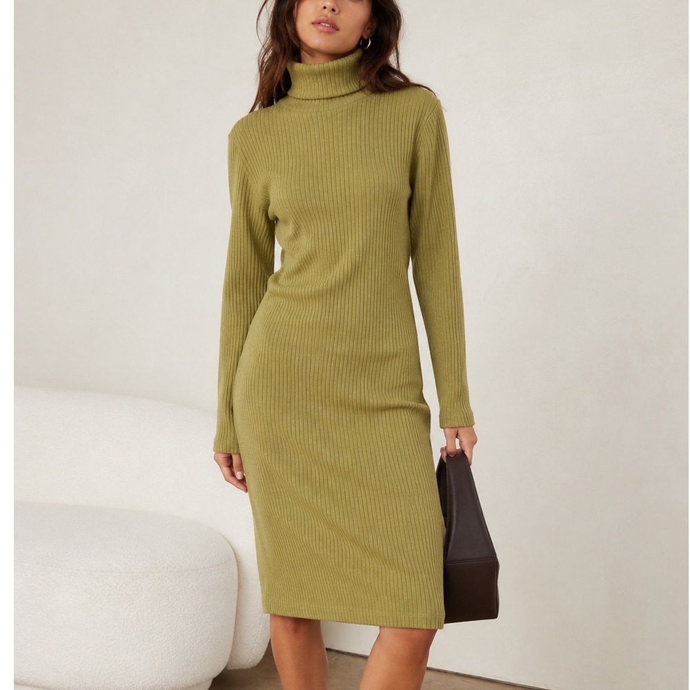 Ilana Kohn Rib Knit Turtleneck Midi Dress Women's Large Olive Cotton Casual